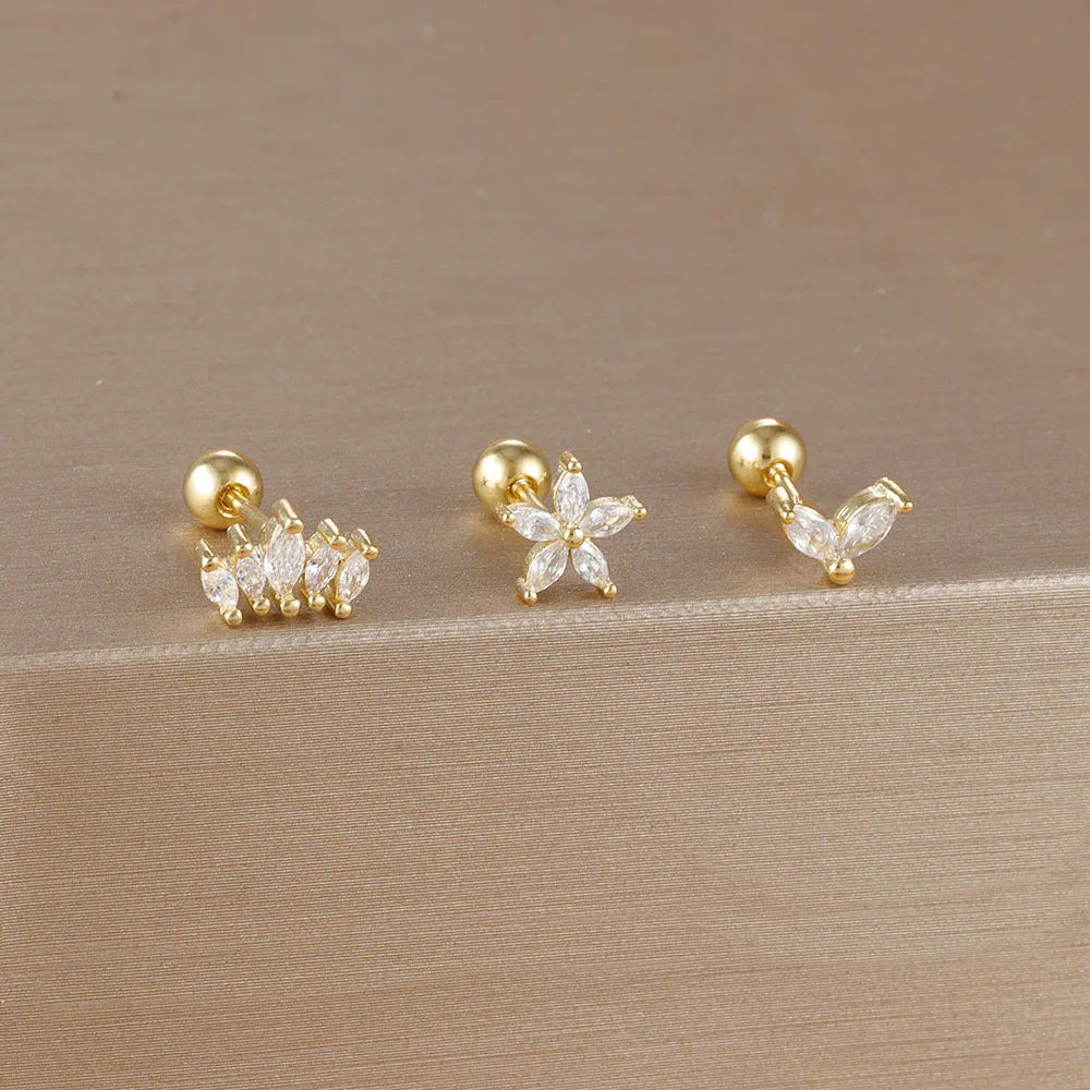 3PCS Stainless Steel Gold Color Crown Stud Earring Set For Women 14K Gold Plated Crystal Zircon Unique Horse Eye Earring Jewelry