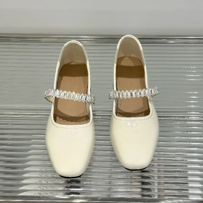 Pu Leather Concise Low Heel Pumps Women Shiny Crystal Soft Sole Non Slip Loafers Summer Light Square Toe Platform Office Shoes