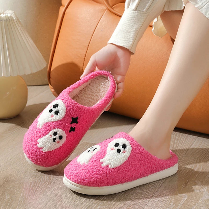 Ghost Pattern Couple Cotton Slippers Round Toe Flat Heel Bedroom Slides Short Plush Soft Non Slip Slippers