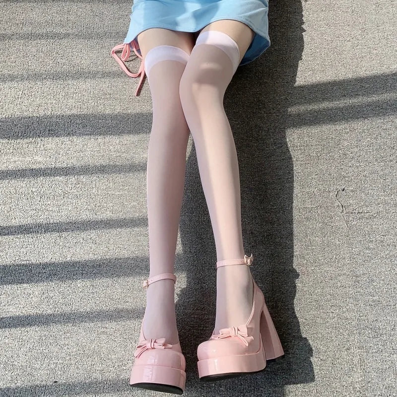 Red Edge New Over The Knee Long Socks Gothic Lace Transparent Thigh High Stockings Women Punk JK Thin Silk Solid Hosiery
