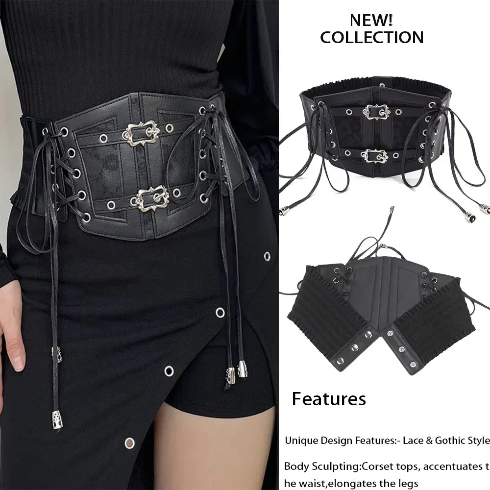 Retro Ladies Corset Belt Gothic Style Elastic Lace Pin Buckle Cummerbund Tie Rope Punk Accessory for Women Shirt Dress Belt