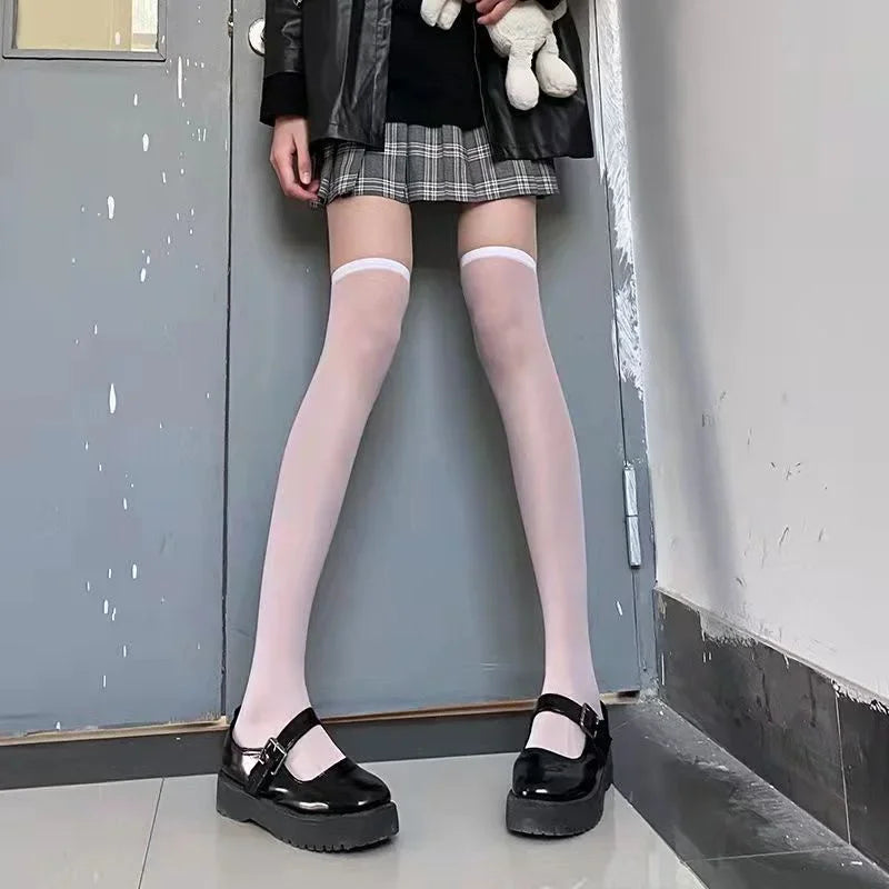 Red Edge New Over The Knee Long Socks Gothic Lace Transparent Thigh High Stockings Women Punk JK Thin Silk Solid Hosiery