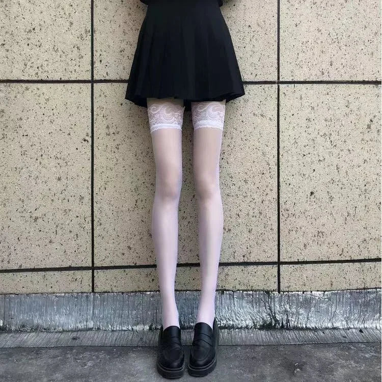 Red Edge New Over The Knee Long Socks Gothic Lace Transparent Thigh High Stockings Women Punk JK Thin Silk Solid Hosiery