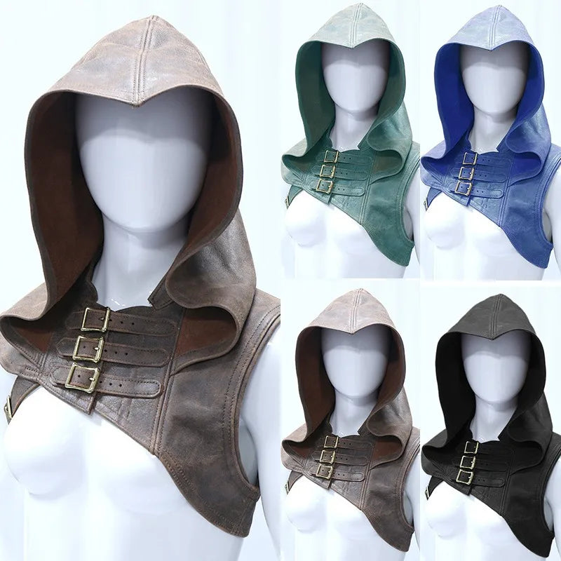 Adjustable Medieval Gothic Cowl Hat Faux Leather Steampunk Hooded Cloak Cape for Men and Women Cosplay Costume Accessory