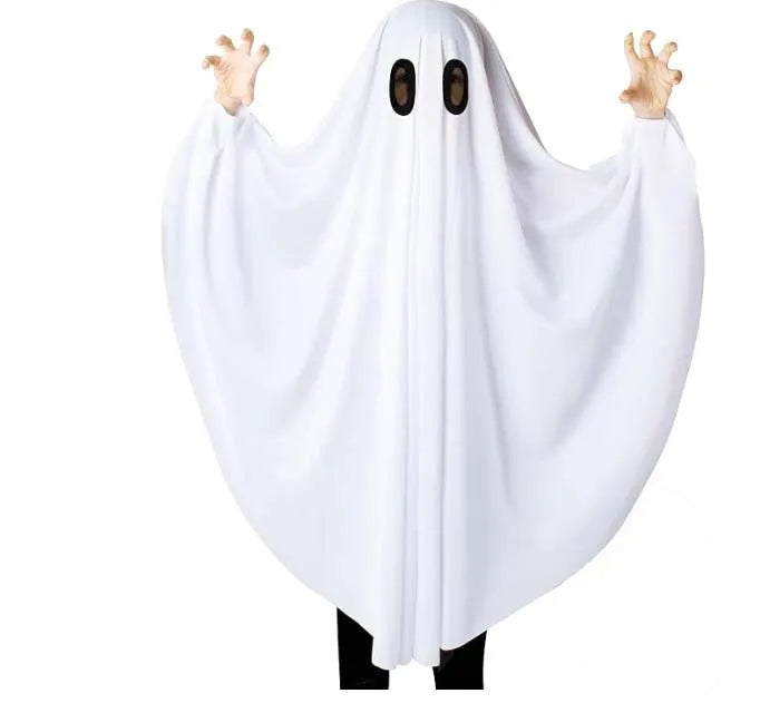 Ghost Costumes White Long Cape Horror Outfits Cloak with Ghost Face Children Adult Fancy Robe Halloween