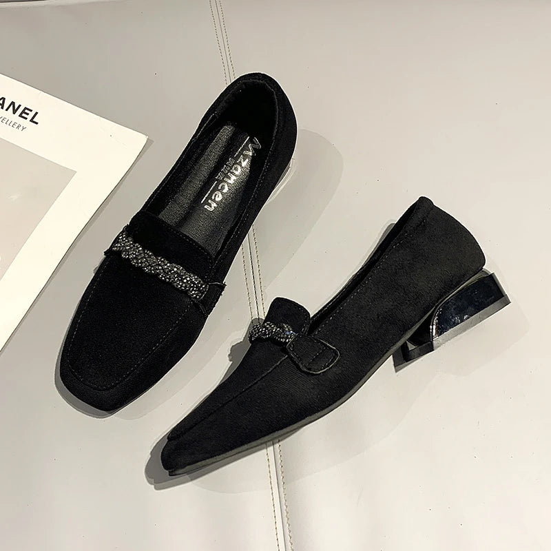 Autumn Winter Women Loafers Low Heels Boat Shoes Square Toe Dress Shoes Chain Faux Suede Ladies Low Heel Shoe