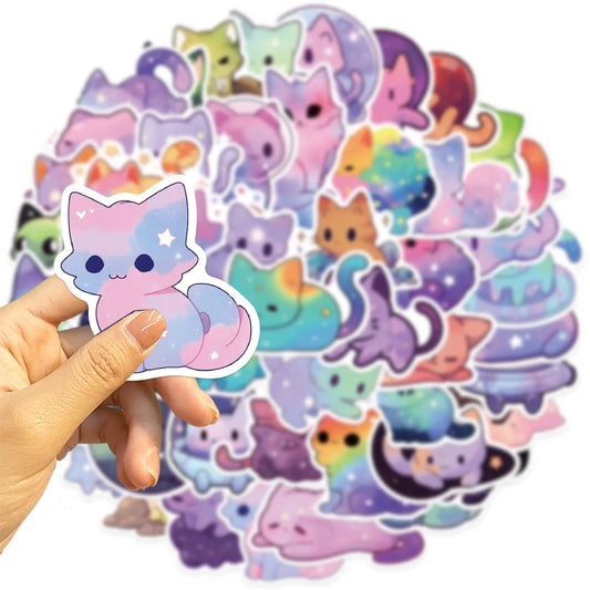 50 Pcs Cartoon Rainbow Starry Sky Cat Stickers, Cute Aesthetic Cat Waterproof Stickers for Water Bottle, Laptop, Phone,