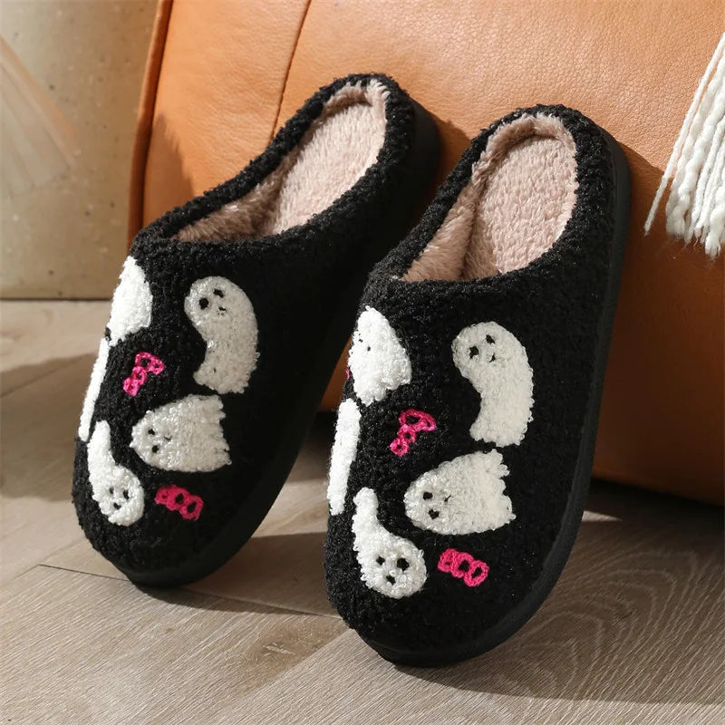 Ghost Pattern Couple Cotton Slippers Round Toe Flat Heel Bedroom Slides Short Plush Soft Non Slip Slippers