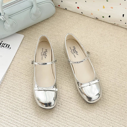 Wine Red Mary Jane Shoes For Women Low Heel  Fashion Butterfly-knot Roud Toe Female Eelgant Dress Leather Shoes