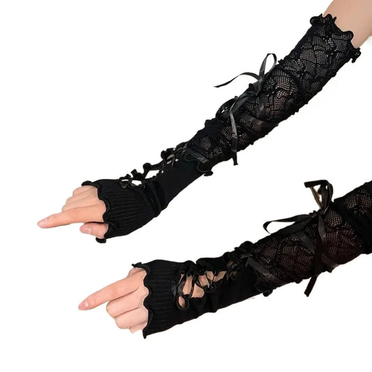 Women Lace Fingerless Gloves Black Gothic DIY Strapping Sunscreen Sleeve Clothing Accessories Elastic Mesh Punk Gloves