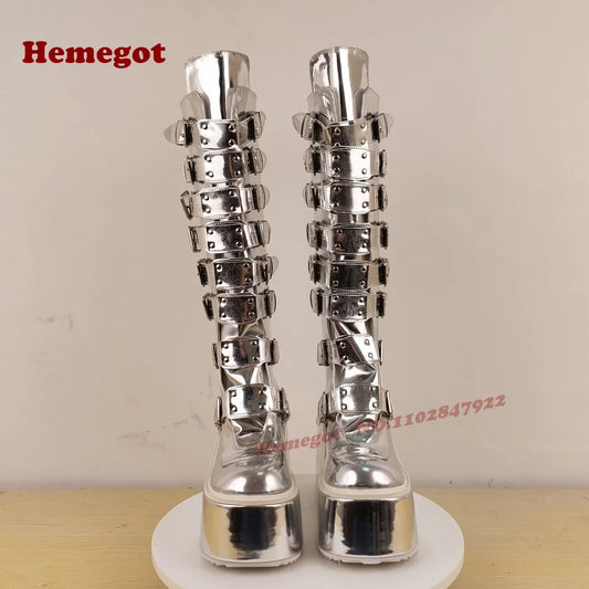 Silver Platform Belt-Buckled Boots Round Toe Wedges Metal Decor Women's Knee High Boots Glossy Gothic Punk Shoes Thick Soled