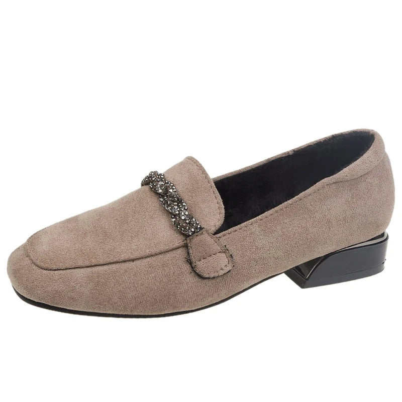 Autumn Winter Women Loafers Low Heels Boat Shoes Square Toe Dress Shoes Chain Faux Suede Ladies Low Heel Shoe