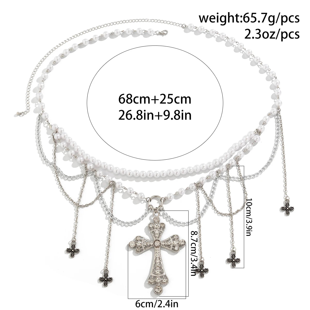 Salircon Steampunk Metal Mesh Tassel Cross Pendant Waist Chain Sexy Gothic Imitation Pearl Body Chain Women's Bar Body Jewelry