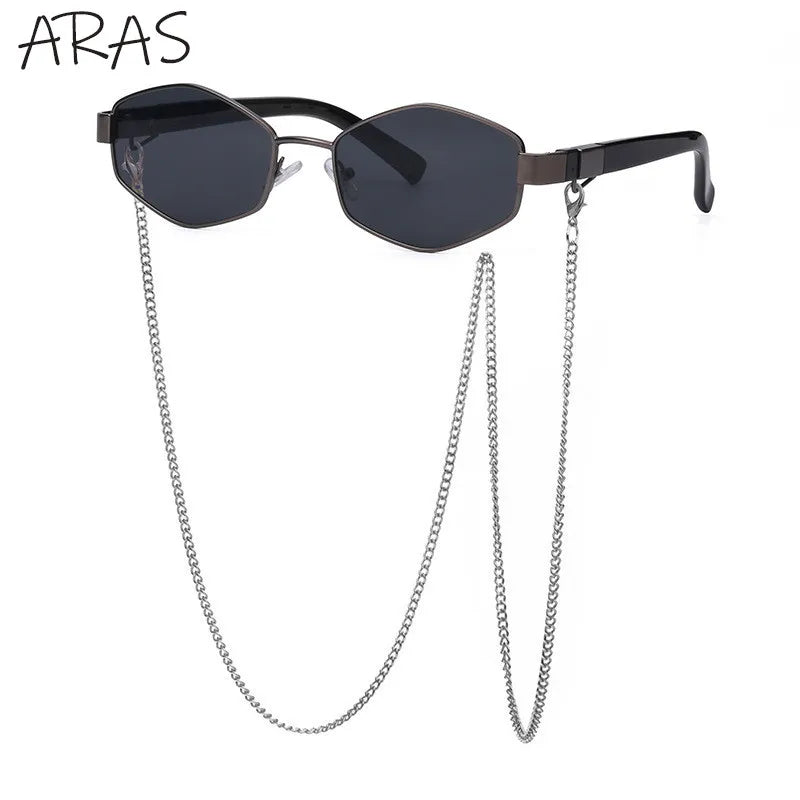 Retro Small Frame Hexagon Sunglasses Women With Chain 2025 Luxury Brand Steampunk Unique Polygon Sun Glasses For Ladies Eyewear