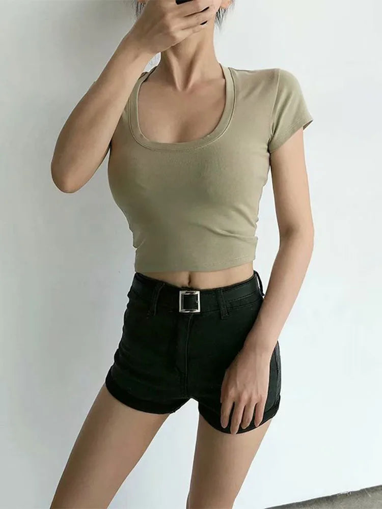 U-Neck Crop Top Solid Color Women Casual High Waist T Shirt Basic Streetwear Short Sleeve Slimming