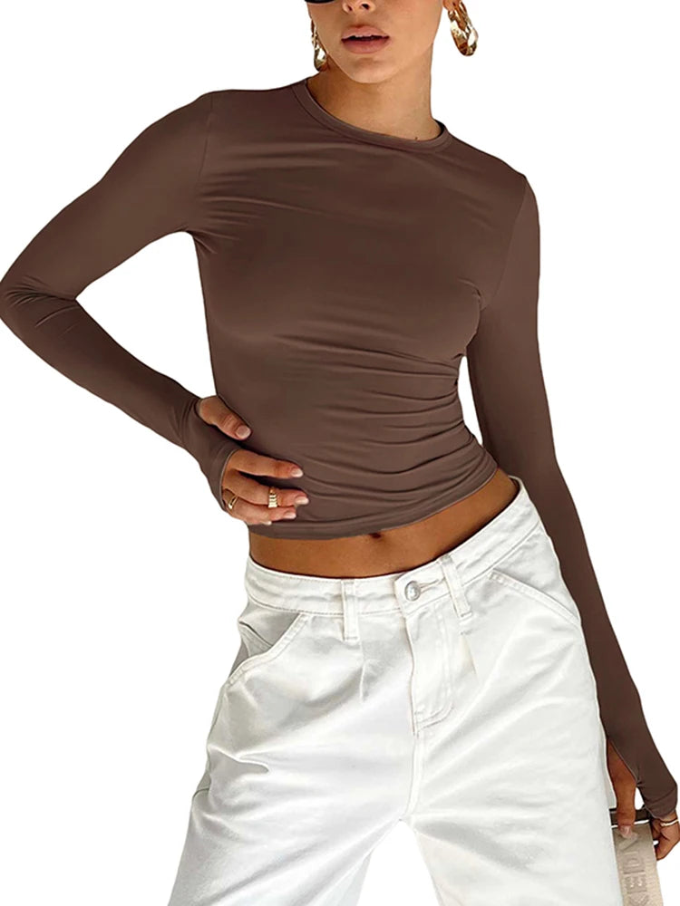 Fashion Women T-shirt Long Sleeve Crew Neck Solid Slim Fit Ladies Crop Top with Thumb Holes for Daily Streetwear Camis