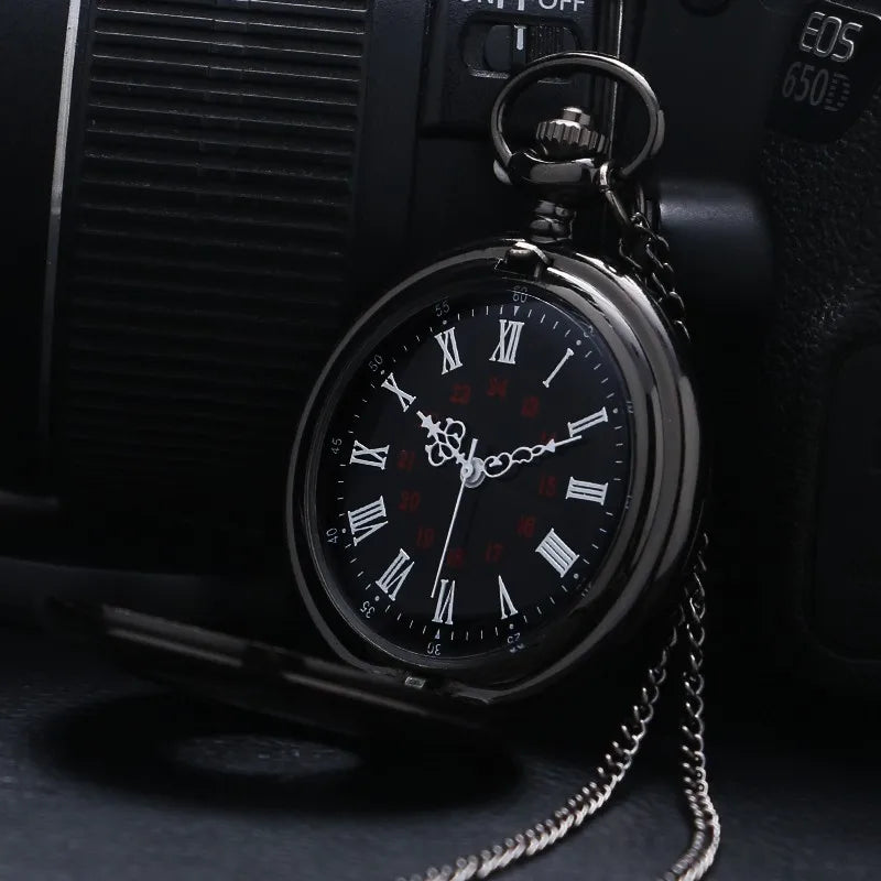 Vintage Charm Black Unisex Fashion Roman Number Quartz Steampunk Pocket Watch Women Man Necklace Pendant with Chain Gifts