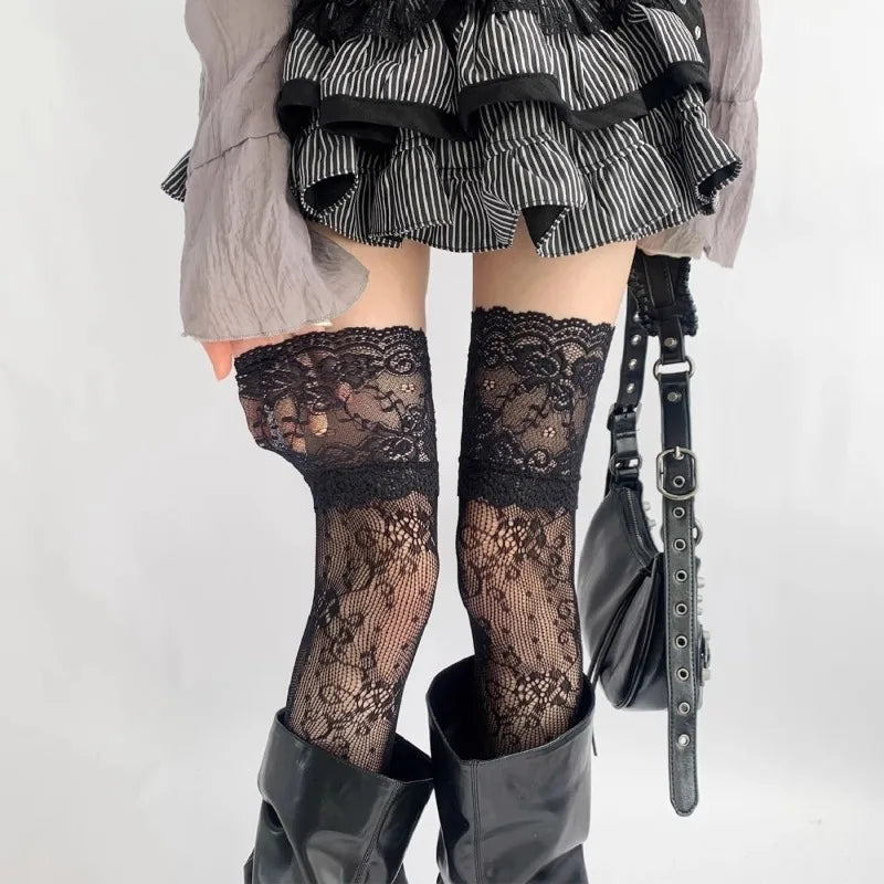 Red Edge New Over The Knee Long Socks Gothic Lace Transparent Thigh High Stockings Women Punk JK Thin Silk Solid Hosiery
