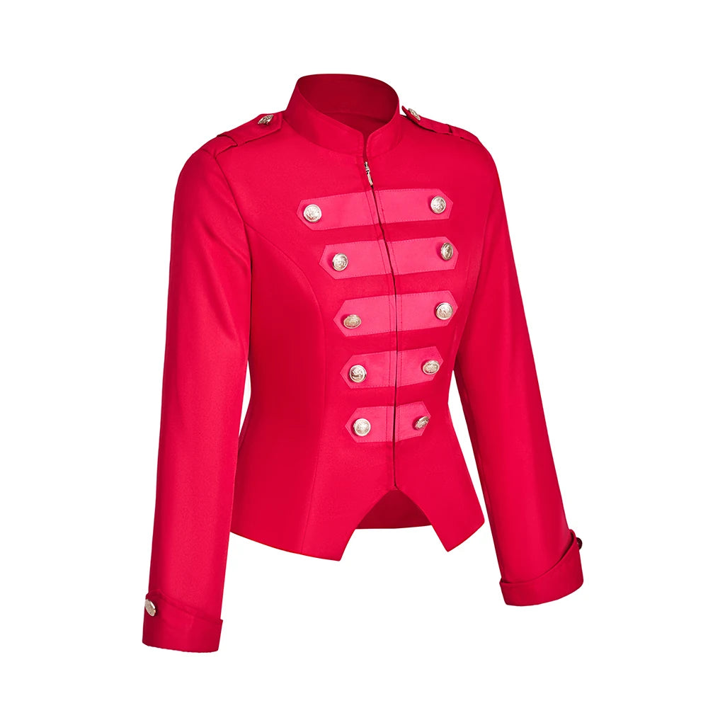Victorian Gothic Steampunk Red Black Military Jacket Women's Stand Collar Rock Frock Coat Ringmaster Jacket Halloween Costumes