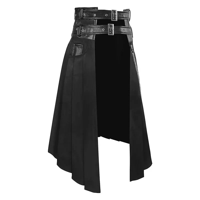 Men Dark Rock Punk Steam Gothic Asymmetrical Pleated Half Skirt