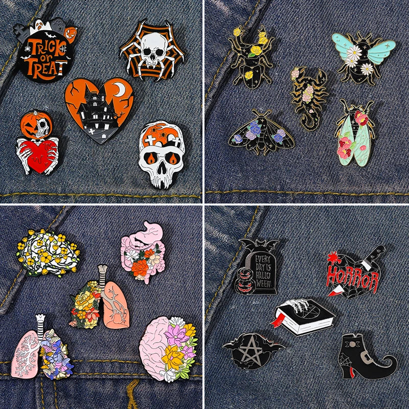 3-6 Pcs/Set Goth Enamel Pin Ghost Black Cat Moth Witch Punk Brooches Horror Snake Badges Lapel Skeleton Jewelry Gifts Halloween