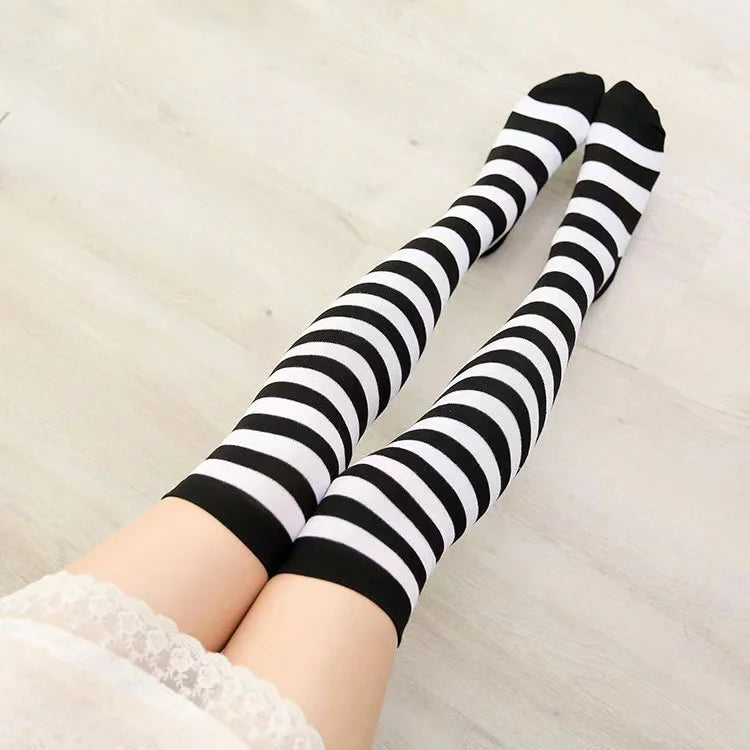 Women Socks Thigh High Overknee Striped Stockings Thin Socks Daily Wearing