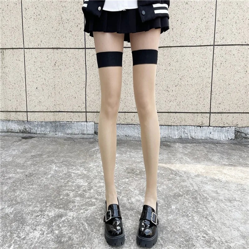 Red Edge New Over The Knee Long Socks Gothic Lace Transparent Thigh High Stockings Women Punk JK Thin Silk Solid Hosiery