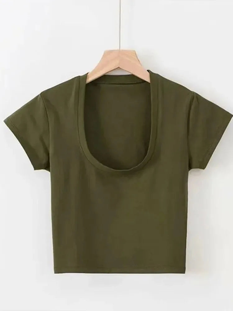 U-Neck Crop Top Solid Color Women Casual High Waist T Shirt Basic Streetwear Short Sleeve Slimming
