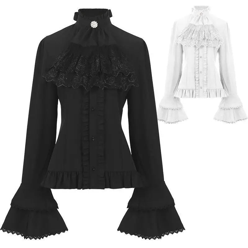Japanese Elegant Vintage Shirt Long Sleeve Women Steampunk Victorian Blouse Ruffle Lace Stand-Up Y2k Tops Gothic Pirate Shirt