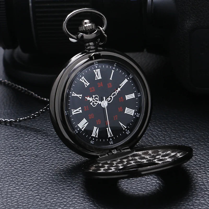 Vintage Charm Black Unisex Fashion Roman Number Quartz Steampunk Pocket Watch Women Man Necklace Pendant with Chain Gifts