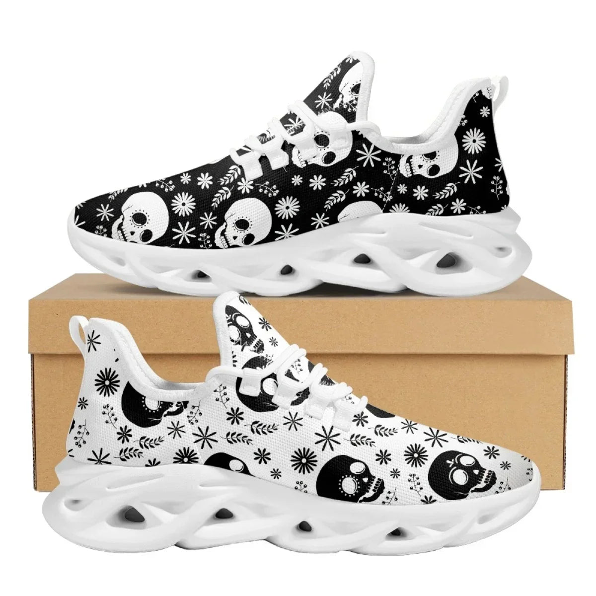 Custom Breathable Air Cushion Sneakers Gothic Skull Pattern Mesh Running Shoes for Women Mens Light Lace-up Zapatillas