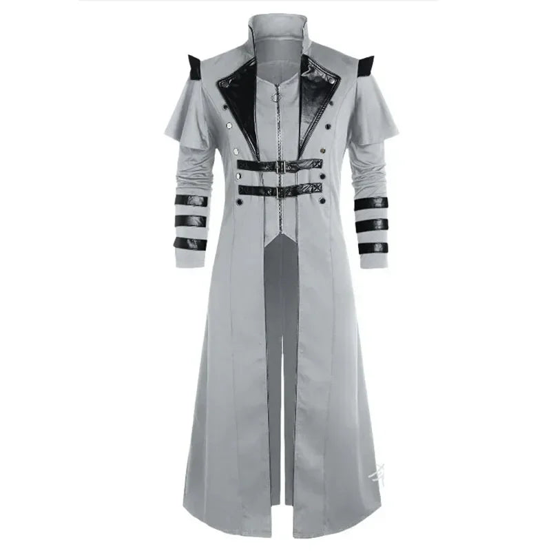 Vintage Medieval Steampunk Assassin Elves Pirate Costume Adult Men Black Long Split Jacket Gothic Armor Leather Coats Halloween