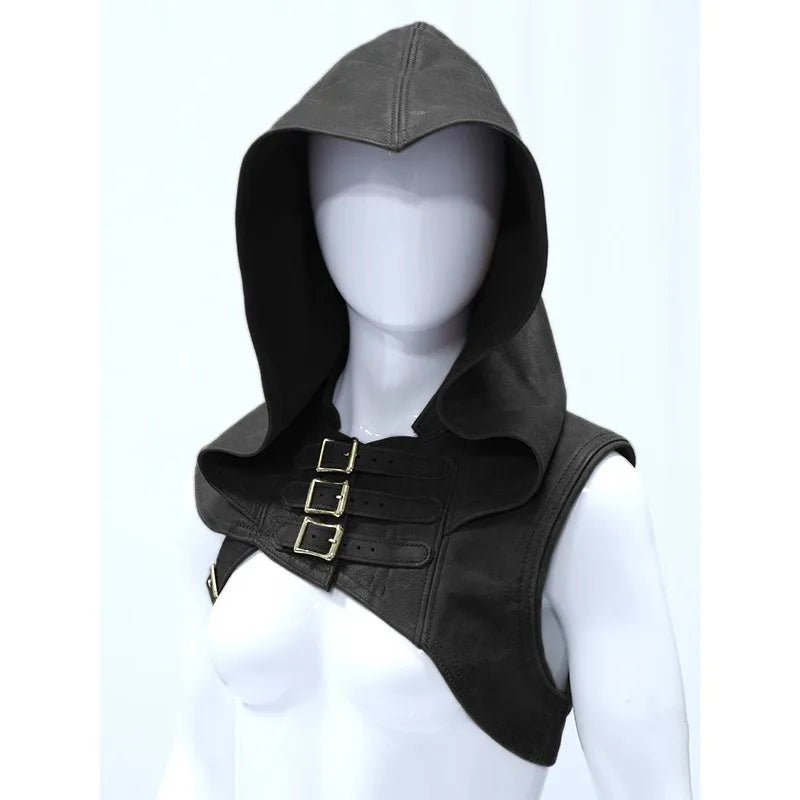 Adjustable Medieval Gothic Cowl Hat Faux Leather Steampunk Hooded Cloak Cape for Men and Women Cosplay Costume Accessory