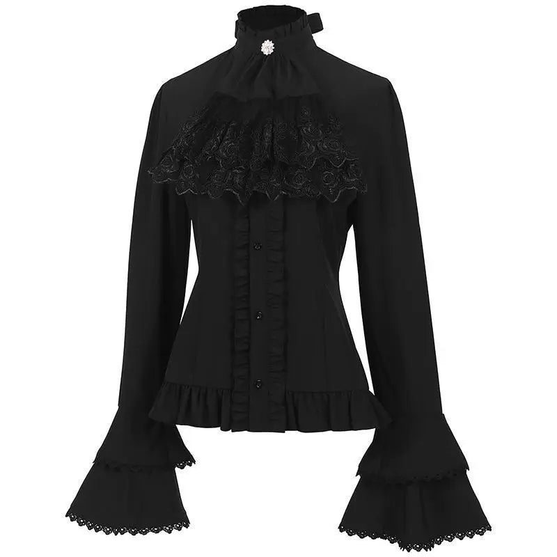 Japanese Elegant Vintage Shirt Long Sleeve Women Steampunk Victorian Blouse Ruffle Lace Stand-Up Y2k Tops Gothic Pirate Shirt