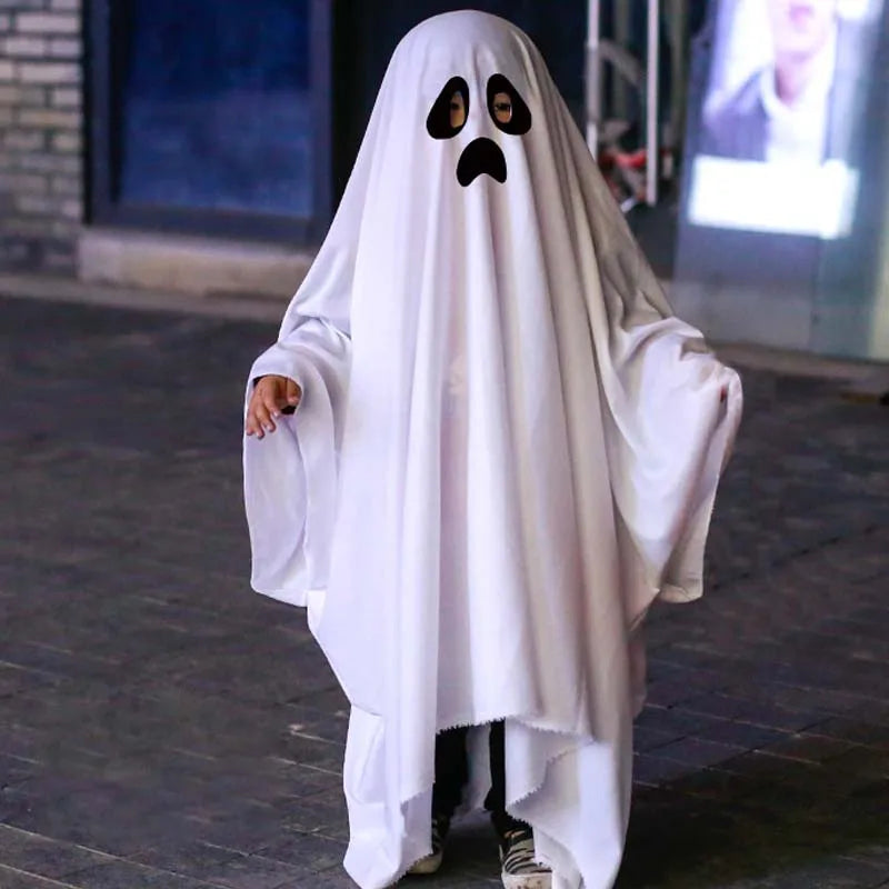 Ghost Costumes White Long Cape Horror Outfits Cloak with Ghost Face Children Adult Fancy Robe Halloween