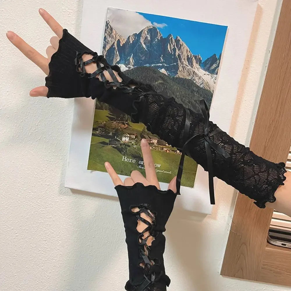 Women Lace Fingerless Gloves Black Gothic DIY Strapping Sunscreen Sleeve Clothing Accessories Elastic Mesh Punk Gloves