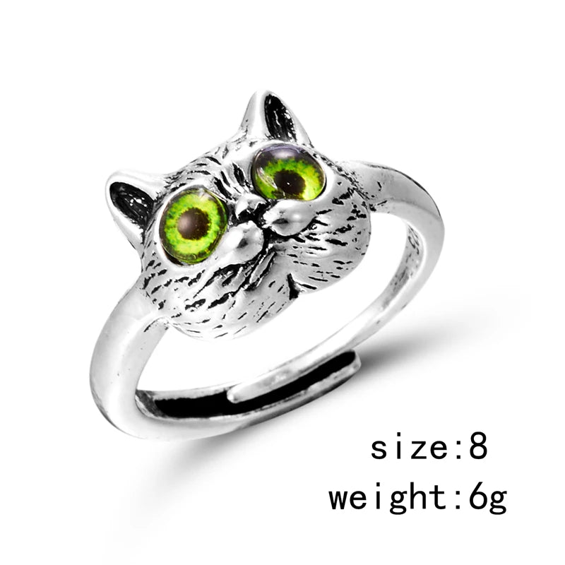 Vintage Cat Face Open Ring for Women Men Gothic Punk Adjustable Finger Knuckle Ring Animal Ring Party Friendship Jewelry Gift