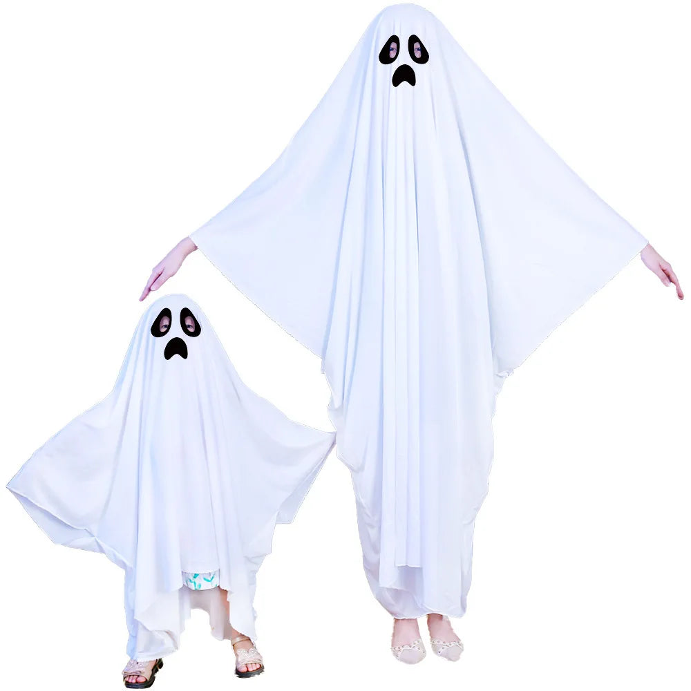 Ghost Costumes White Long Cape Horror Outfits Cloak with Ghost Face Children Adult Fancy Robe Halloween