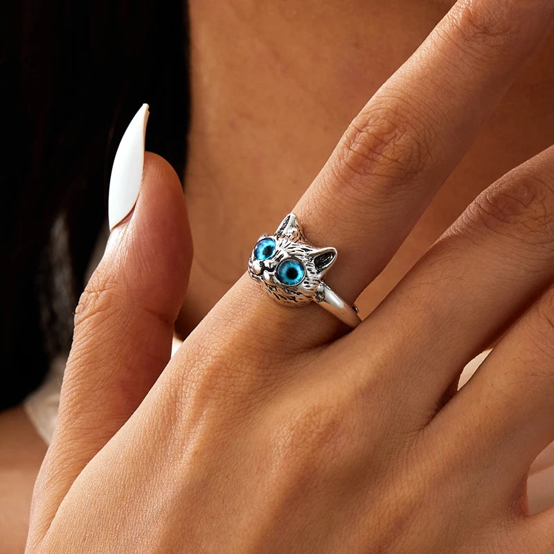 Vintage Cat Face Open Ring for Women Men Gothic Punk Adjustable Finger Knuckle Ring Animal Ring Party Friendship Jewelry Gift