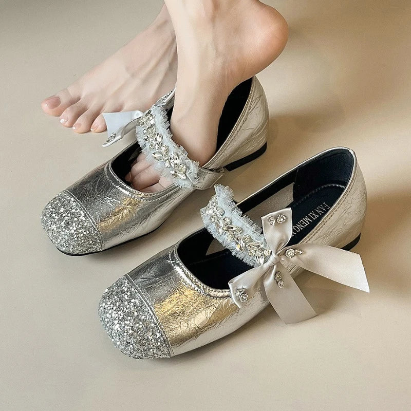 Shining Rhinestone Mary Jane Shoes Women Butterfly-Knot Fashion Shallow Comfort Casual Flats Shoes Elegant Dress Shoes Female
