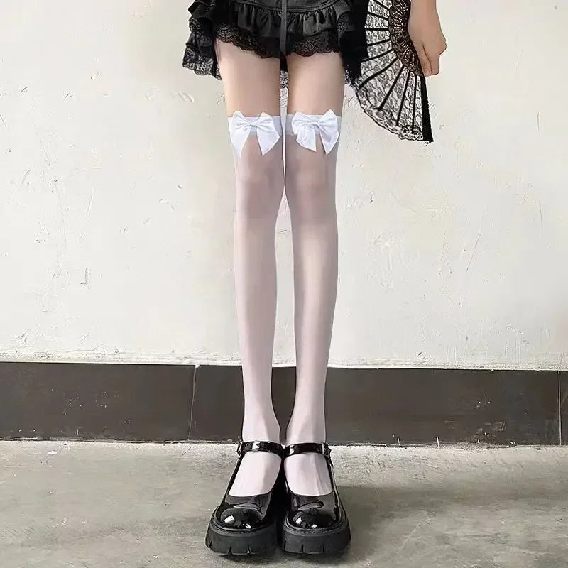 Red Edge New Over The Knee Long Socks Gothic Lace Transparent Thigh High Stockings Women Punk JK Thin Silk Solid Hosiery