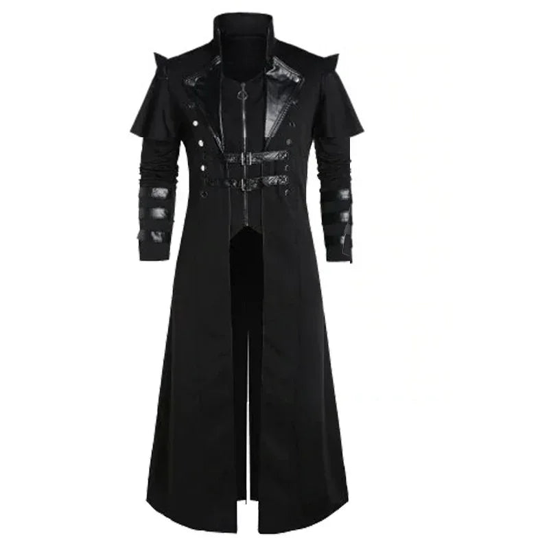 Vintage Medieval Steampunk Assassin Elves Pirate Costume Adult Men Black Long Split Jacket Gothic Armor Leather Coats Halloween