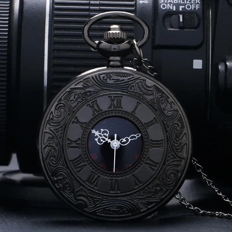 Vintage Charm Black Unisex Fashion Roman Number Quartz Steampunk Pocket Watch Women Man Necklace Pendant with Chain Gifts
