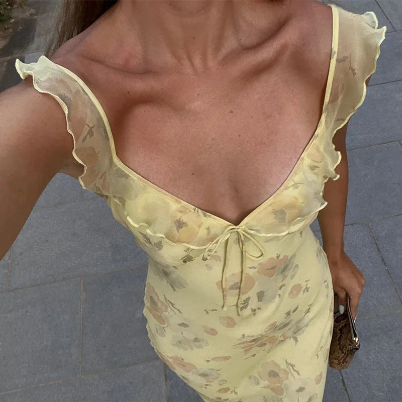 Cryptographic Summer Floral Print Plunge Maxi Dress Outfits Backless Fairy Sun Dresses Vestido Coquette