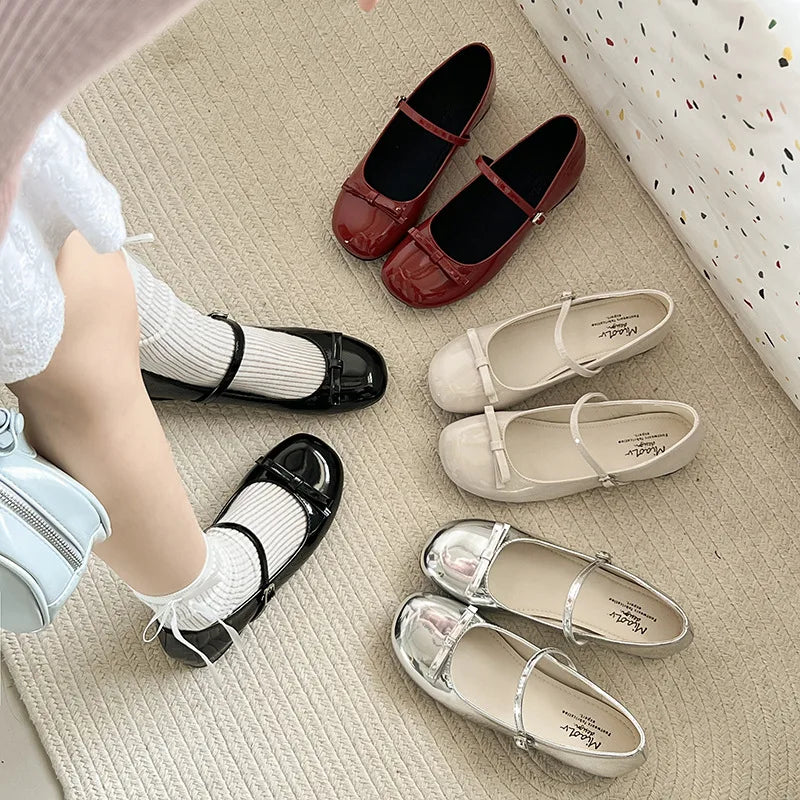 Wine Red Mary Jane Shoes For Women Low Heel  Fashion Butterfly-knot Roud Toe Female Eelgant Dress Leather Shoes