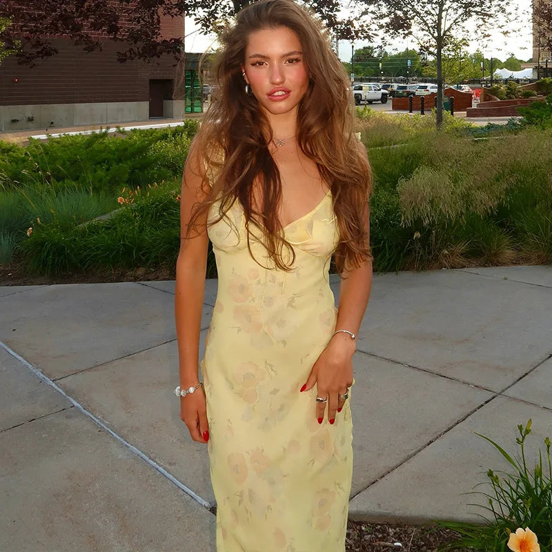 Cryptographic Summer Floral Print Plunge Maxi Dress Outfits Backless Fairy Sun Dresses Vestido Coquette