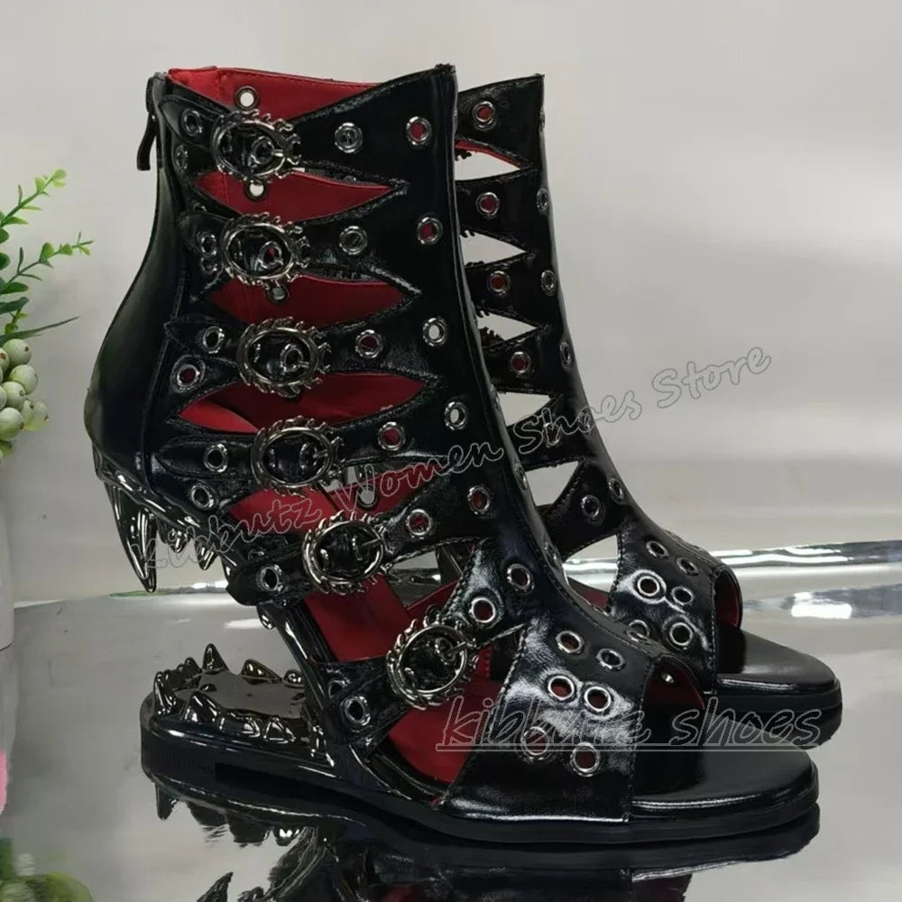 Teeth Strange Heel Gothic Sandals Hollow Dark Style Punk Rock Fashion Sexy Novelty Zippers Women Shoes Round Toe Summer Newest