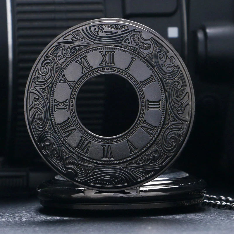 Vintage Charm Black Unisex Fashion Roman Number Quartz Steampunk Pocket Watch Women Man Necklace Pendant with Chain Gifts