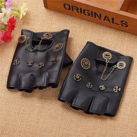 Steampunk PU Leather Fingerless Compass Gloves Men Women Fashion Gloves Half Finger Gloves
