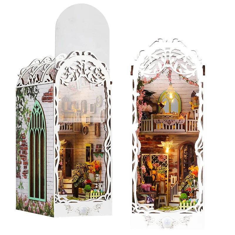 DIY Book Nook Wooden Miniature Model Kit Flower House Bookend Assembled 3D Puzzle Bookshelf Home Decor Friends Birthday Gifts